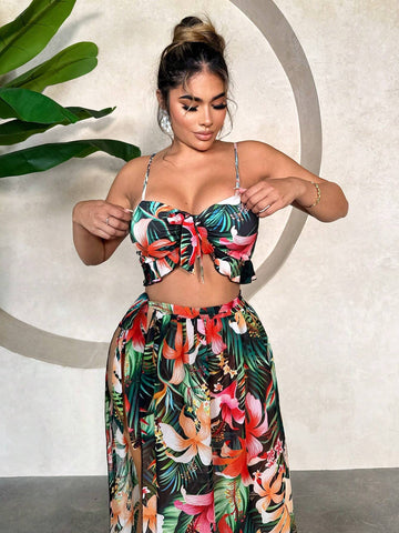Summer Beach Vacation Tropical Plant Printed Sleeveless Cami With Thigh-High Slit Sexy Two Piece Set