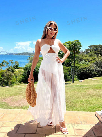 Summer Beach Vacation White Halter Chain Backless Sleeveless Maxi Dress