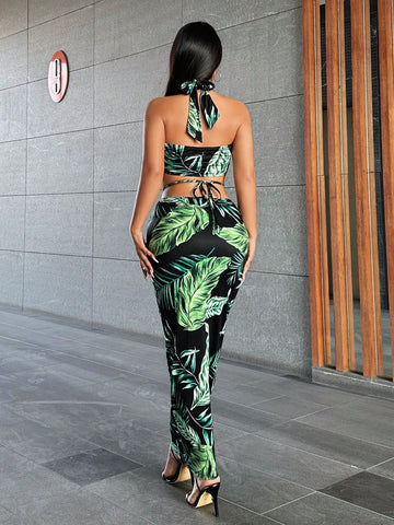 Summer Bohemian Holiday Set With Green Tropical Plant Print Halter Neck Vest And Long Skirt - Two Piece Set
