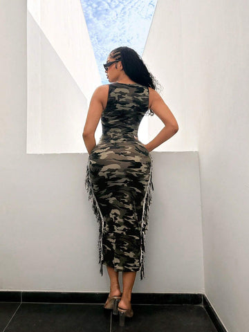 Summer Camo Dress With Fringe Detail, Sleeveless