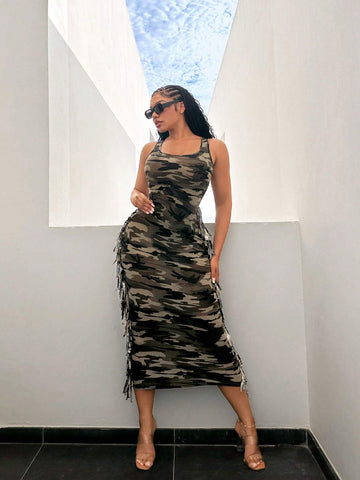 Summer Camo Dress With Fringe Detail, Sleeveless