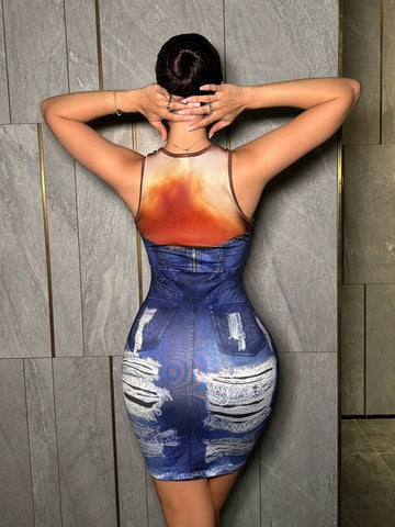 Summer Casual Clothing Stretch Knit Lmitation Denim Denim-Effect Print Ladies' Summer Slim-Fit
