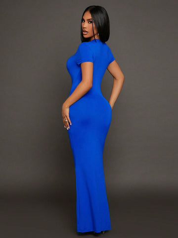 Casual Short Sleeve Round Neck Maxi Knitted Dress With Letter Print, Blue