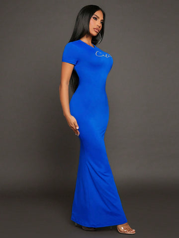 Casual Short Sleeve Round Neck Maxi Knitted Dress With Letter Print, Blue