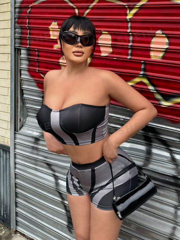 Women's Sexy Two-Piece Set For Summer Holiday, Including High Neck Short Twisted Vest And Satin Pleated Midi Skirt