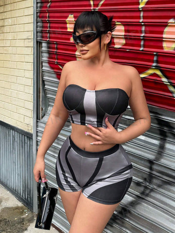 Women's Sexy Two-Piece Set For Summer Holiday, Including High Neck Short Twisted Vest And Satin Pleated Midi Skirt