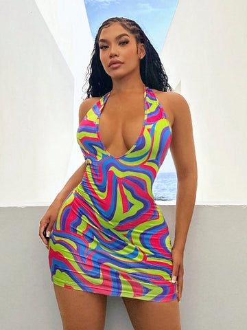 Summer Colorful Water Ripple Pattern Halter Neck V-Neck Backless Slim Fit Mini Dress