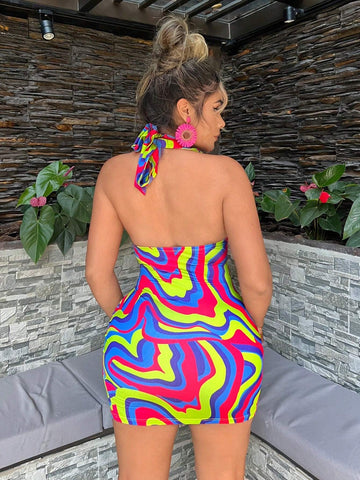 Summer Colorful Water Ripple Pattern Halter Neck V-Neck Backless Slim Fit Mini Dress