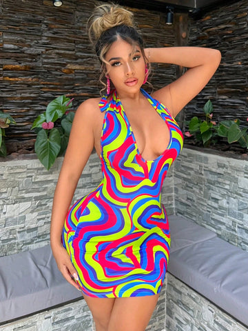 Summer Colorful Water Ripple Pattern Halter Neck V-Neck Backless Slim Fit Mini Dress