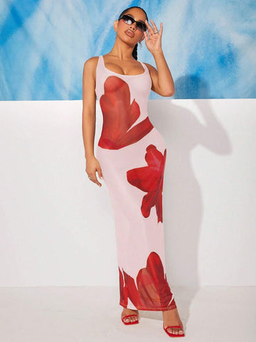 Summer Dress, Yellow Background, Red Floral Printed Soft & Sexy Mesh Dress For Women
