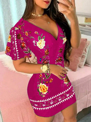Summer Fashion Fitted Floral Printed Mini Dress