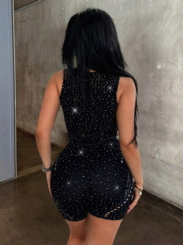 Summer Fashionable Rhinestone Embellished Slim-Fit Vest And Shorts Set