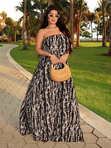 Summer Holiday Random Printed Strapless High-Slit Loose Dress