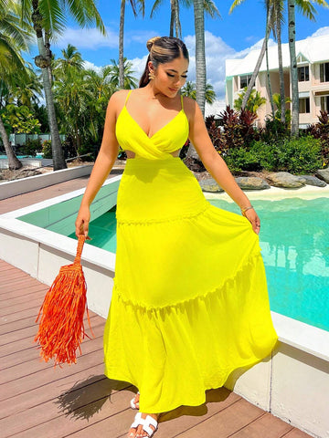 Summer Holiday Yellow Spaghetti Strap Chiffon Ruched Dress With Flared Hem For Women
