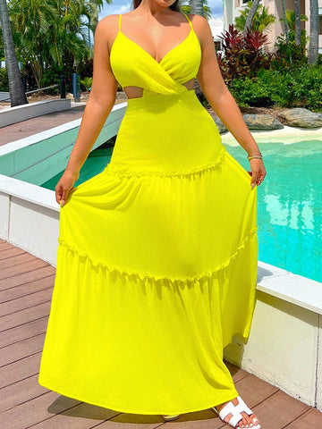 Summer Holiday Yellow Spaghetti Strap Chiffon Ruched Dress With Flared Hem For Women