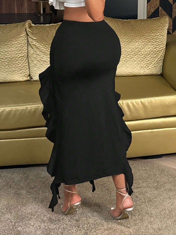 SXY Summer Irregular Ruffle Hem High Slit Design Niche Sexy Bodycon Midi Skirt