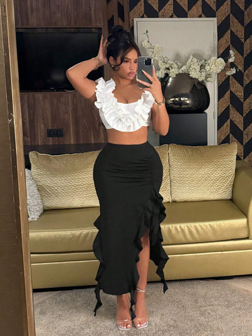 SXY Summer Irregular Ruffle Hem High Slit Design Niche Sexy Bodycon Midi Skirt