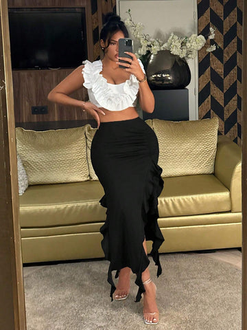 SXY Summer Irregular Ruffle Hem High Slit Design Niche Sexy Bodycon Midi Skirt
