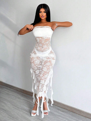 Summer Lace Patchwork Halterneck Maxi Dress With Fringe Detail And Split