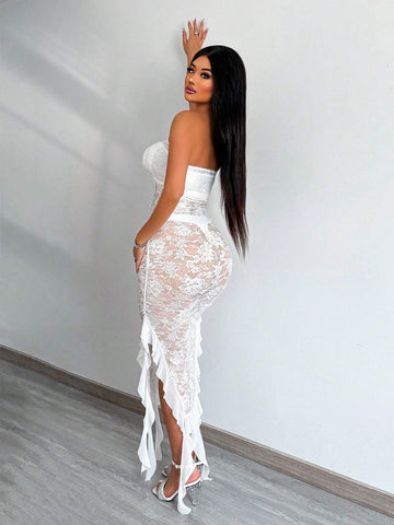 Summer Lace Patchwork Halterneck Maxi Dress With Fringe Detail And Split