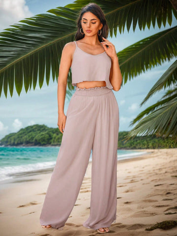 Summer Loose Camisole And Wide Leg Pants Two Piece Set For Women, Apricot, Suitable For Vacation