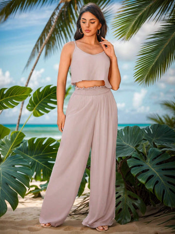 Summer Loose Camisole And Wide Leg Pants Two Piece Set For Women, Apricot, Suitable For Vacation
