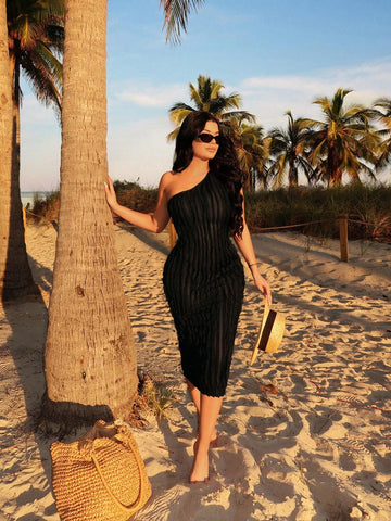 Summer Sexy Casual Solid Color Asymmetrical Shoulder And Hip Holiday Dress