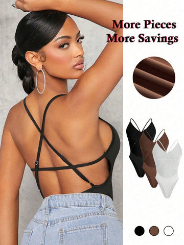 Summer Sexy Cross Backless Spaghetti Strap Bodysuit Three-Piece Set