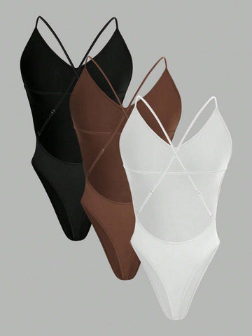 Summer Sexy Cross Backless Spaghetti Strap Bodysuit Three-Piece Set
