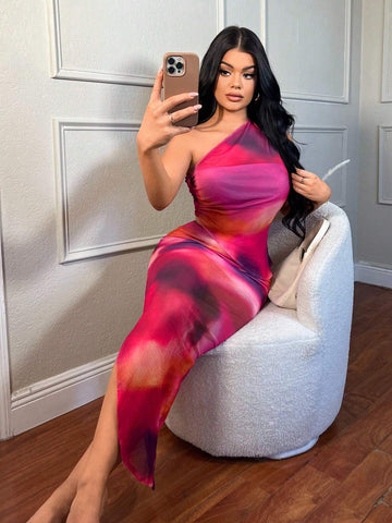 Summer Sexy Tie-Dye Printed One Shoulder Irregular Hem Top With High Split, Matched With High Waist Bodycon Skirt Set