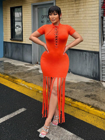Summer Short Sleeve Fringed Bodycon Dress With Tie Straps