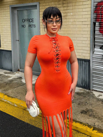Summer Short Sleeve Fringed Bodycon Dress With Tie Straps