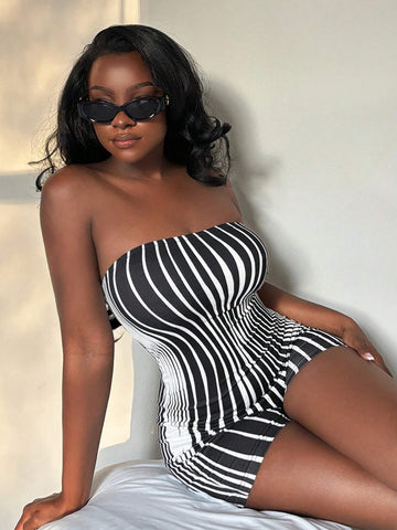 Summer Street-Style Striped Printed Bandeau Jumpsuit, Casual