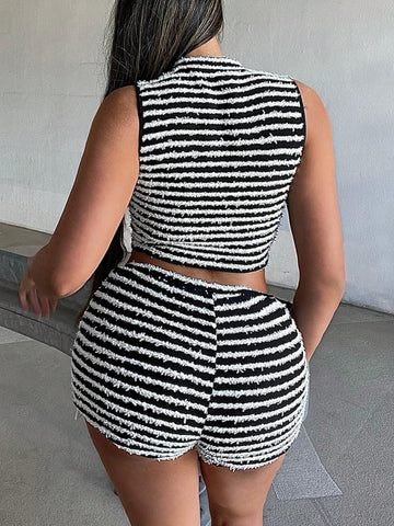 Summer Street Style Sexy Sleeveless Zipper Top And Shorts Set, Versatile