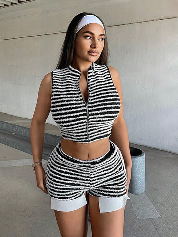 Summer Street Style Sexy Sleeveless Zipper Top And Shorts Set, Versatile