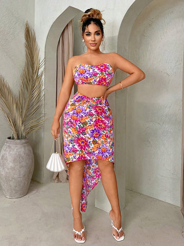 Summer Vacation Beach Floral Printed Strapless Top And Irregular Hem Skirt Set