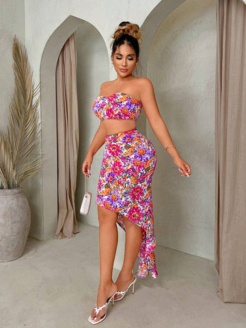 Summer Vacation Beach Floral Printed Strapless Top And Irregular Hem Skirt Set