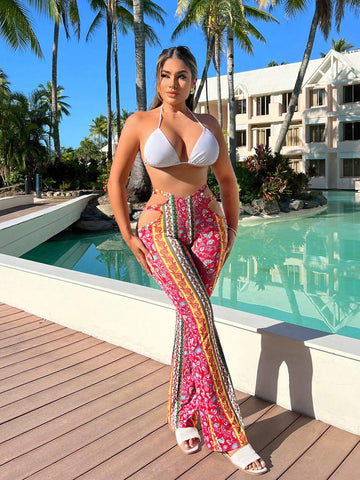 SXY Summer Vacation Holiday Beach BOHO Printed V-Cut High-Waisted Skinny Flared Pants With Cut-Out On Sides For Women