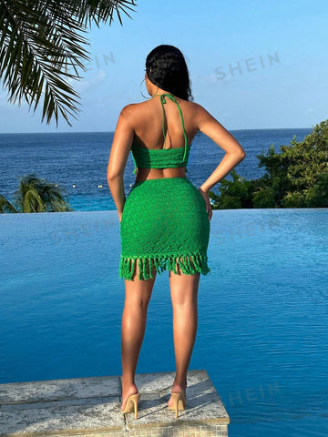 Summer Vacation Holiday Beach Ladies' 2 Pieces Set Of Halter Knit Fringe Vest And Mini Skirt With Pleats