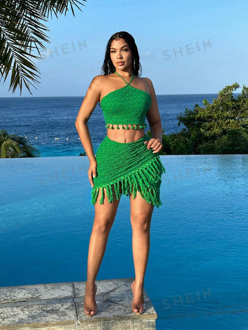 Summer Vacation Holiday Beach Ladies' 2 Pieces Set Of Halter Knit Fringe Vest And Mini Skirt With Pleats