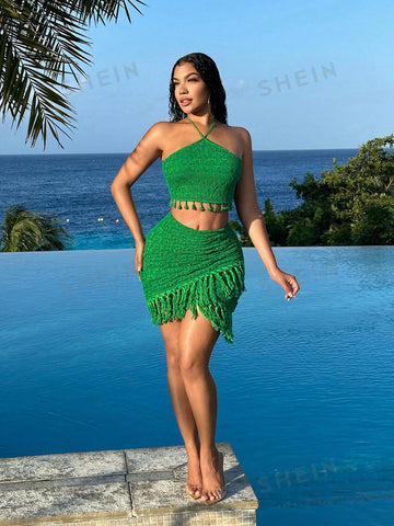 Summer Vacation Holiday Beach Ladies' 2 Pieces Set Of Halter Knit Fringe Vest And Mini Skirt With Pleats