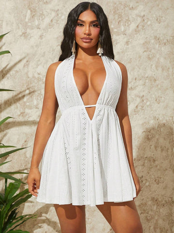 Summer Vacation Holiday Beach Rainforest Deep V-Neck Halter Neckline Women's Mini Dress With Full Dress