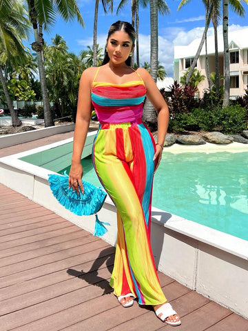 Summer Vacation Rainbow Striped Pleated Cami Jumpsuit With Open Back And Straight Legs For Women