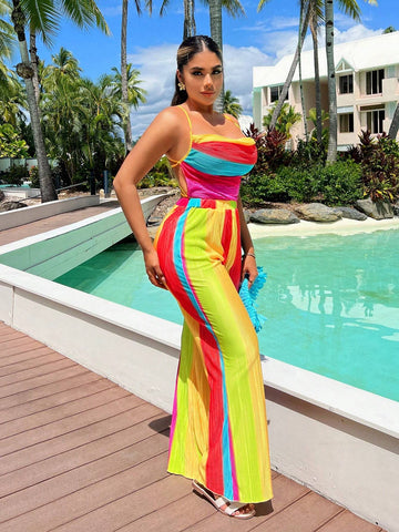 Summer Vacation Rainbow Striped Pleated Cami Jumpsuit With Open Back And Straight Legs For Women
