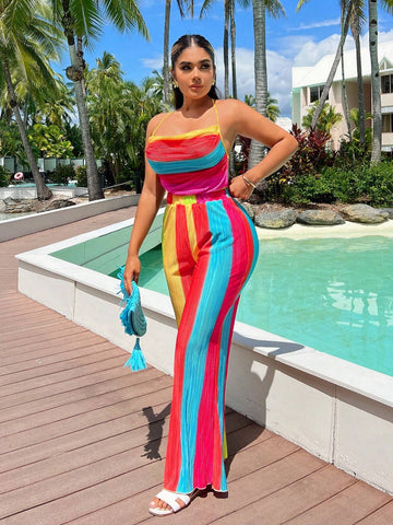 Summer Vacation Rainbow Striped Pleated Cami Jumpsuit With Open Back And Straight Legs For Women