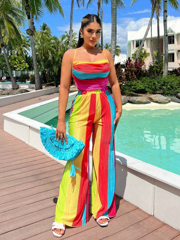 Summer Vacation Rainbow Striped Pleated Cami Jumpsuit With Open Back And Straight Legs For Women