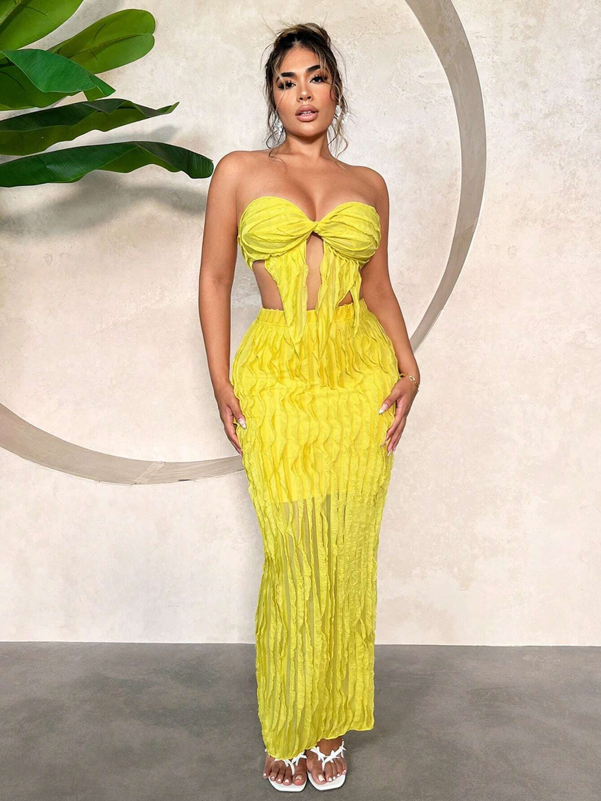 Summer Vacation Set, Cow-Pleated Textured Fabric, Skirt And Top 2-Piece Set