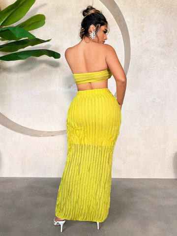 Summer Vacation Set, Cow-Pleated Textured Fabric, Skirt And Top 2-Piece Set