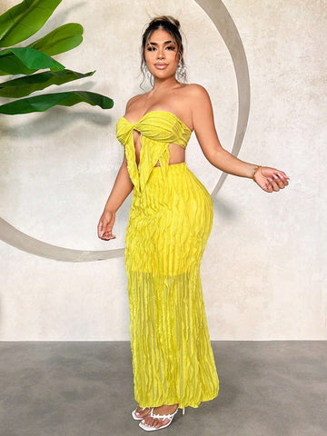 Summer Vacation Set, Cow-Pleated Textured Fabric, Skirt And Top 2-Piece Set