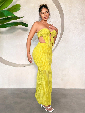 Summer Vacation Set, Cow-Pleated Textured Fabric, Skirt And Top 2-Piece Set